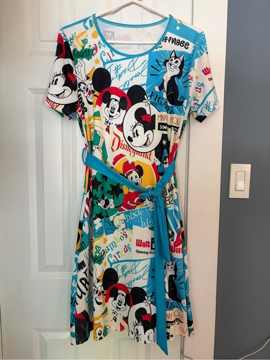 Disney Dresses & Skirts - Disney Multi-Color Minnie & Classic Characters Fit-and-Flare Dress with Teal Tie